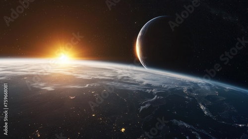 Planet Earth with a sunrise and the moon in space