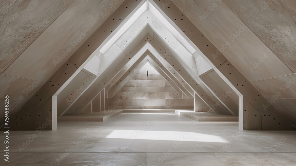 Obraz premium Frontal view of a modern attic with empty walls