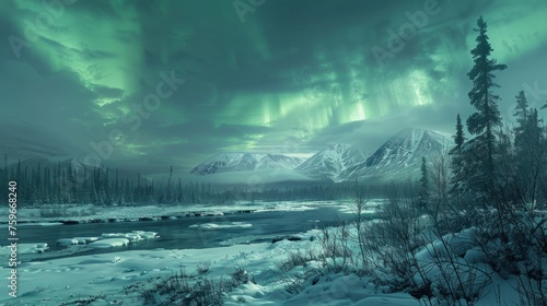 The northern lights illuminate a vast, snowy tundra in shades of green
