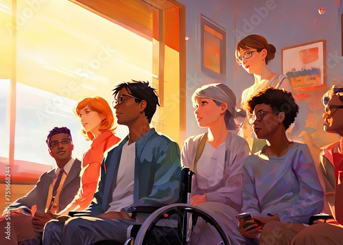 Illustration graphique d'une personne ayant des besoins spéciaux en fauteuil roulant, interagissant positivement avec un groupe dans un environnement lumineux, inclusif et convivial