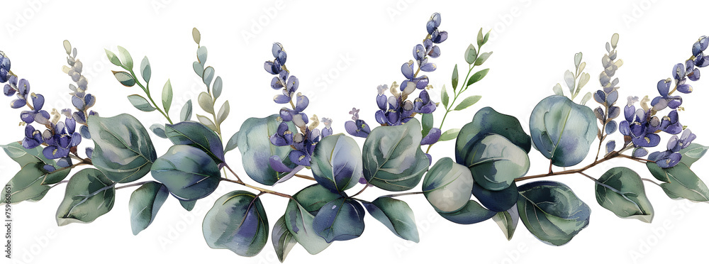 Watercolor eucalyptus leaves and lavender flower illustration, perfect for wedding invitations and stationery. Rustic and elegant botanical design in a vintage, boho style. - obrazy, fototapety, plakaty 