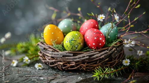 Easter eggs arranged in a basket made of wooden boards