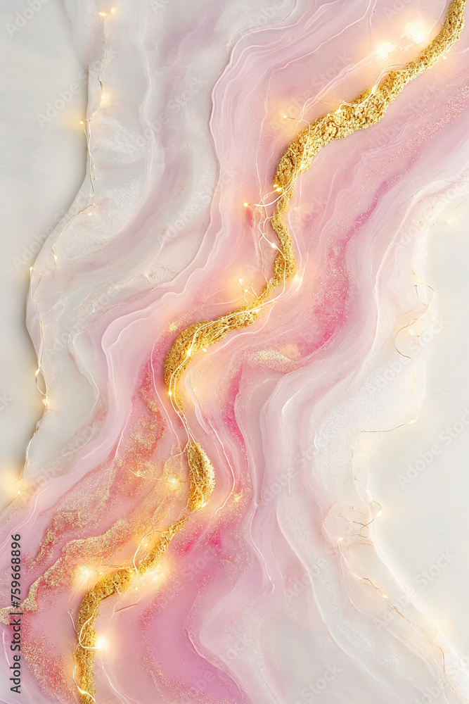 Pink water with sparkle lights, golden details pastel background