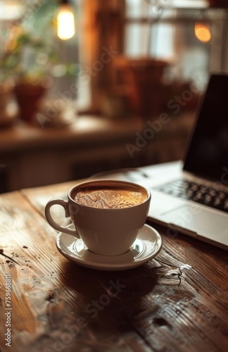 A cup of coffee sits beside a laptop on a coffee table