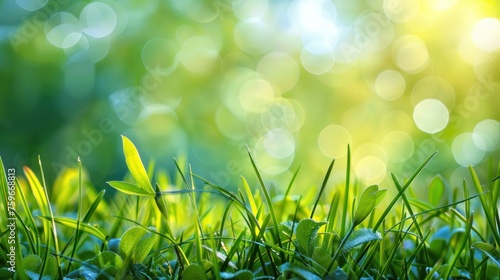 Fresh, green spring grass basking in sunlight, with a blurred sky in the back...