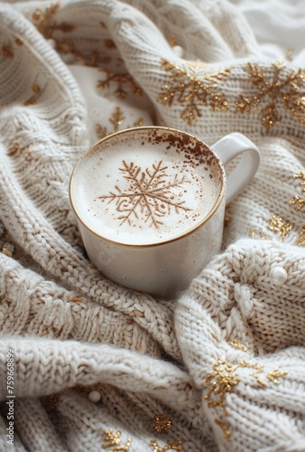 cup of hot cocoa on a wool sweater set against snowflakes