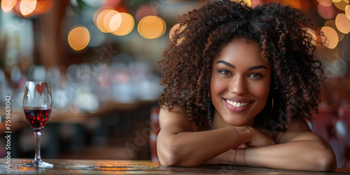 A cheerful black woman at a cafe counter  beaming with happiness and confident charm.