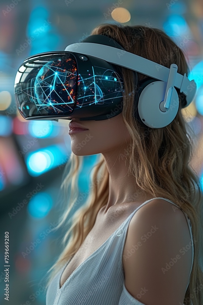 Immersed in virtual reality, a young woman enjoys an entertaining and futuristic tech experience using VR. Immersed in virtual reality, a young woman enjoys an entertaining and futuristic tech experience using VR.