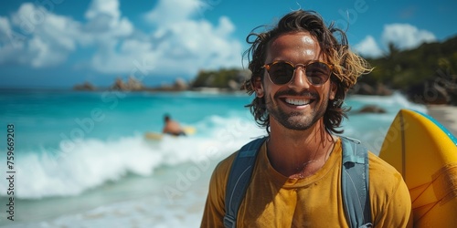 A handsome young man enjoys the beach, holding a surfboard, radiating happiness by the ocean.