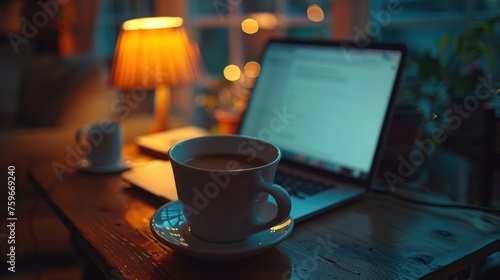 a cup of coffee beside a laptop on a coffee table