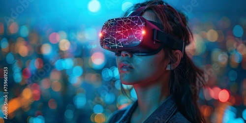 An alluring Asian woman engages with futuristic technology, wearing virtual reality glasses.