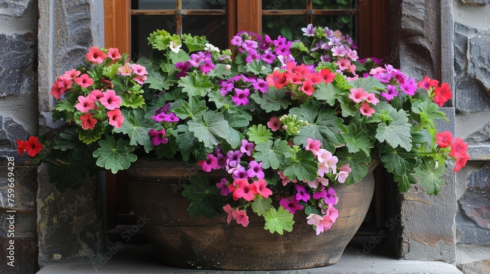 A flower pot with geraniums, calibrachoas (million bells), and sweet potato vine cascades with vibrant colors.