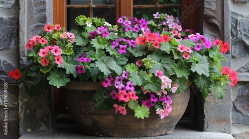 A flower pot with geraniums, calibrachoas (million bells), and sweet potato v...