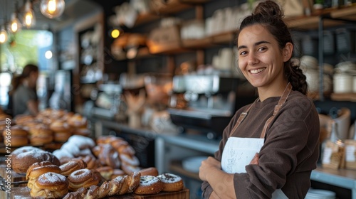 A female baker and entrepreneur, the owner of a startup small business, is pi...