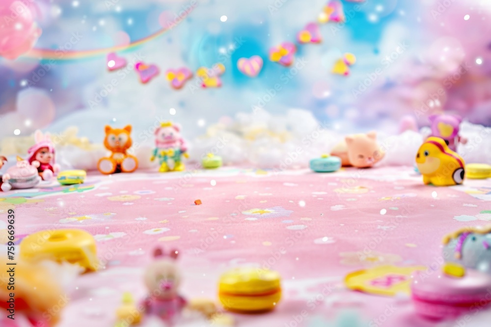 a huge pink carpet with a spacious center surrounded by many cute toys. The pink color scheme, macaron color scheme, bright color a huge pink carpet with a spacious center surrounded by many cute toys. The pink color scheme, macaron color scheme, bright color