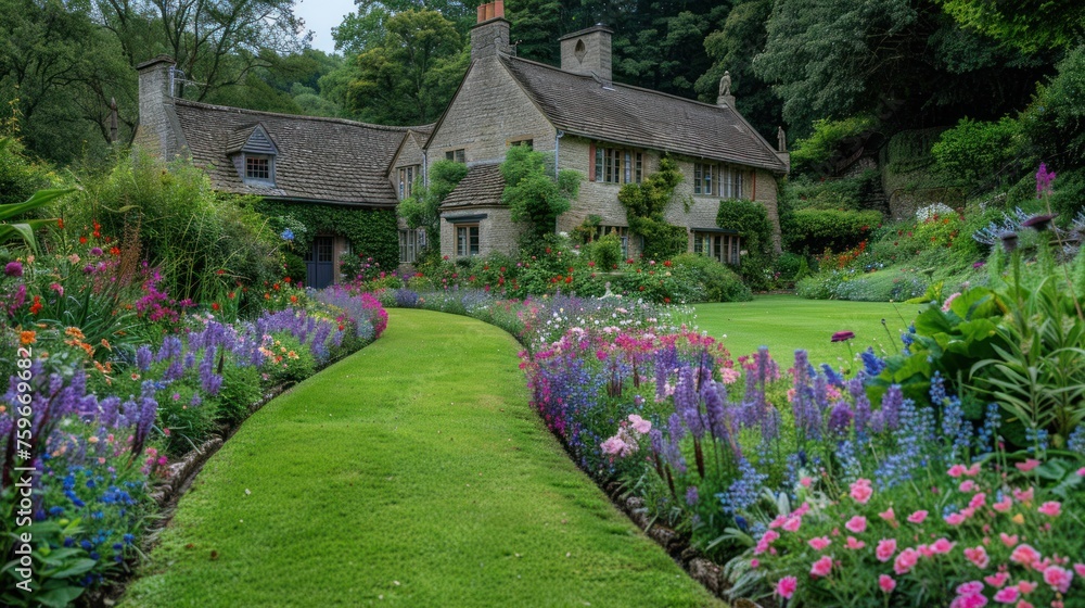 Vibrant Flowerbeds and Curving Grass Path in a Charming English Formal Garden Vibrant Flowerbeds and Curving Grass Path in a Charming English Formal Garden