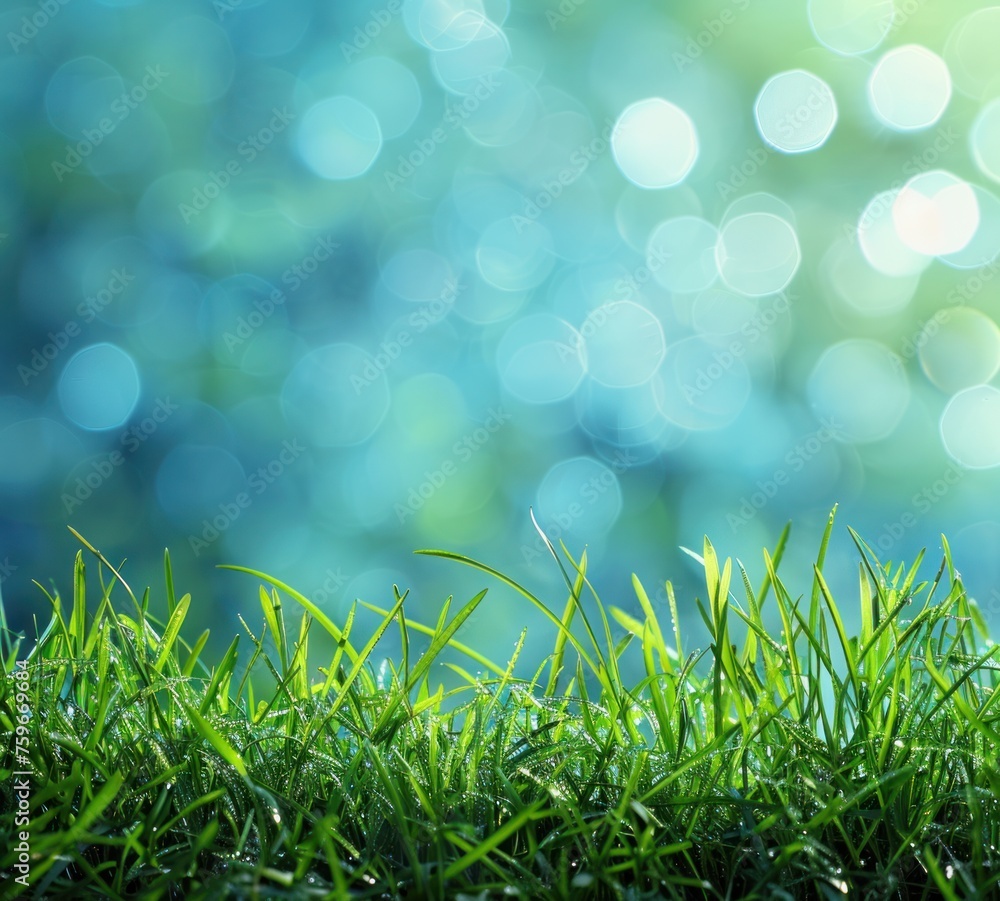 green grass with blue bokeh background