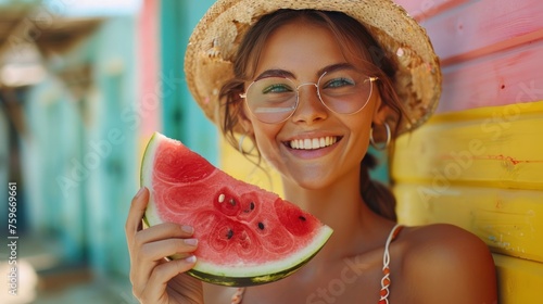 A young, attractive woman holds a slice of watermelon, radiating happiness an...
