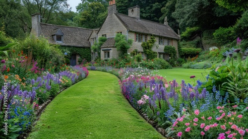 Vibrant Flowerbeds and Curving Grass Path in a Charming English Formal Garden