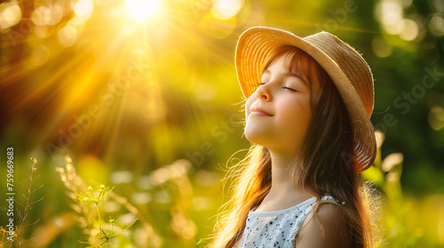 Portrait of a cute little girl in a straw hat on a sunny summer day