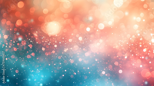 Abstract blur bokeh banner background. Silver bokeh on defocused teal green and coral colors background