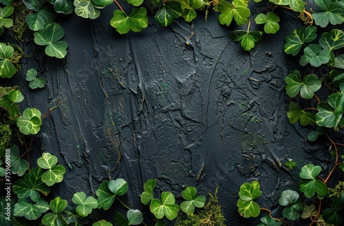 green shamrock leaves on black wooden background