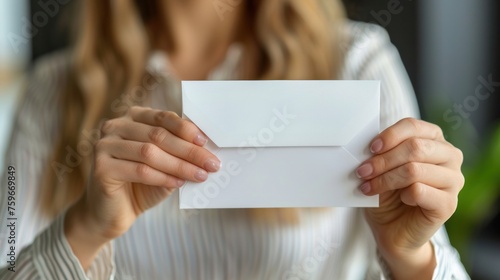 Close-up of a woman's hand opening an envelope containing a mockup business c...