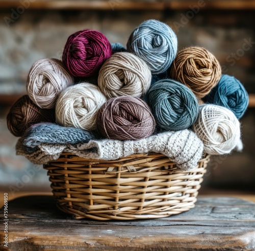 a basket filled with yarns in various colors