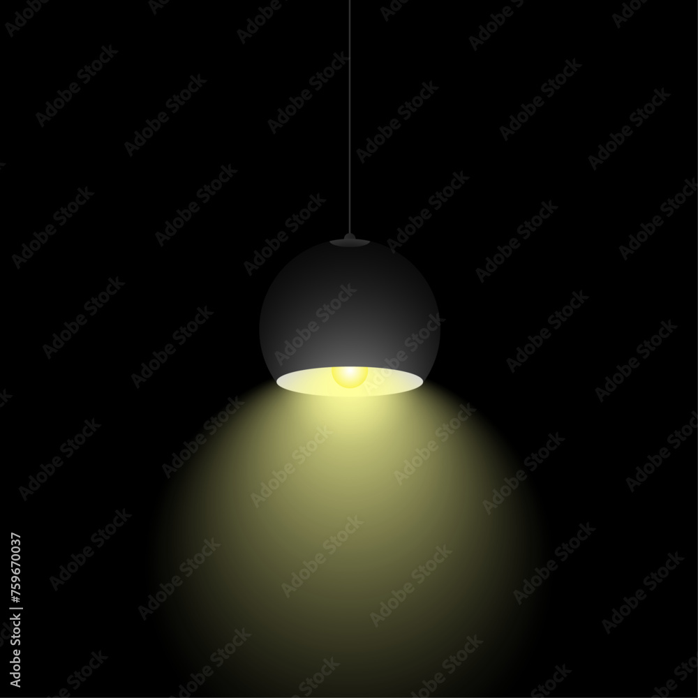 the lamp hangs on the ceiling and shines with bright warm light. lamp on a black transparent background. the lamp hangs on the ceiling and shines with bright warm light. lamp on a black transparent background.