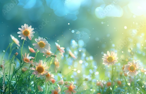 green field with daisies and bokeh sun