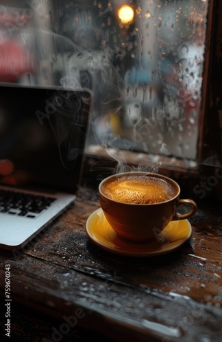 A cup of coffee sits beside a laptop on a coffee table