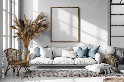 Modern interior mockup with natural light  spacious sofa  and elegant decor. Modern home aesthetics  ideal for interior design visualization or marketing content. For designers  bloggers  or magazines