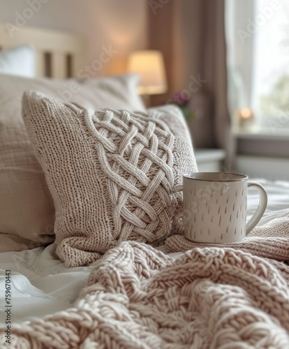 crocheted pillow and mug on bed in background