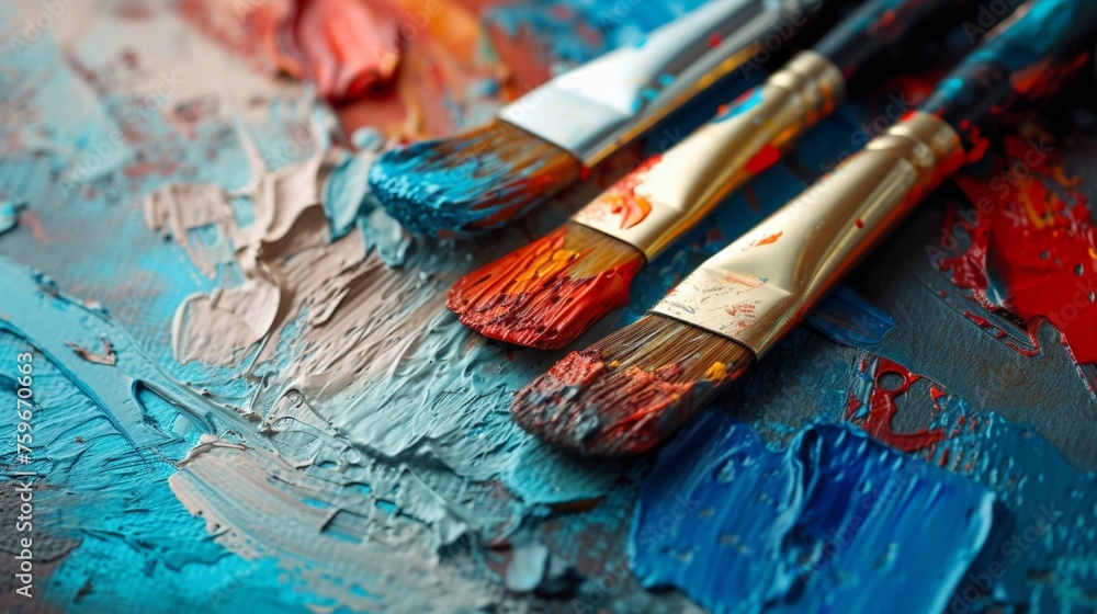 Fototapeta premium Set of brightly colored paint brushes and paint tubes on a vibrant and colorful background