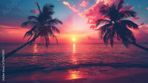 Silhouettes of palm trees on a tropical beach during a vibrant sunset
