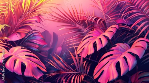 Tropical and palm leaves depicted in a vibrant, bold neon pink color