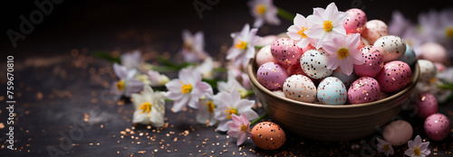 basket filled with colored Easter eggs, flower bulbs, and daffodils, creating...