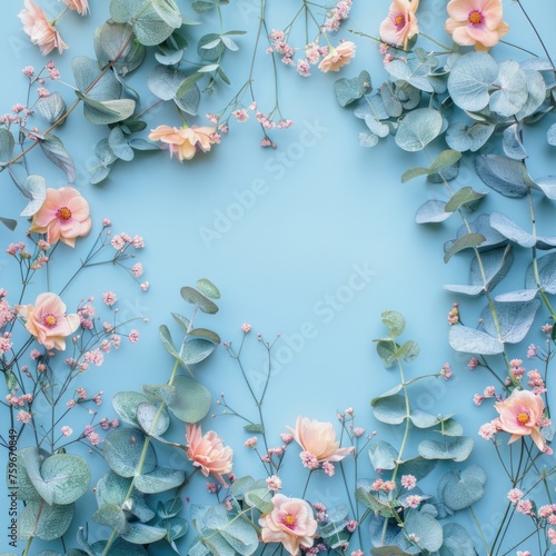 otton Flowers and Eucalyptus Branches Arranged on a Pastel Blue Background