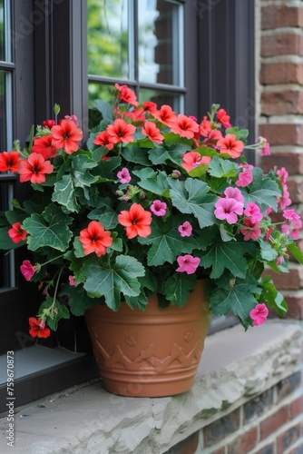 Flower pot or planter containing geraniums, calibrachoas