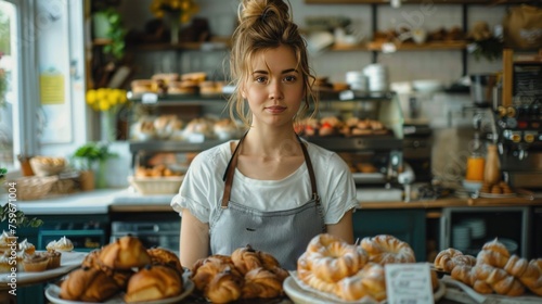 A female baker and entrepreneur, the owner of a startup small business, is pi...