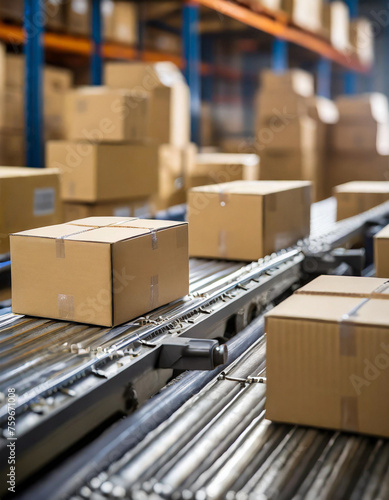 Boxes in warehouse traveling on delivery belt, storage, storage solution, logistics © Marek