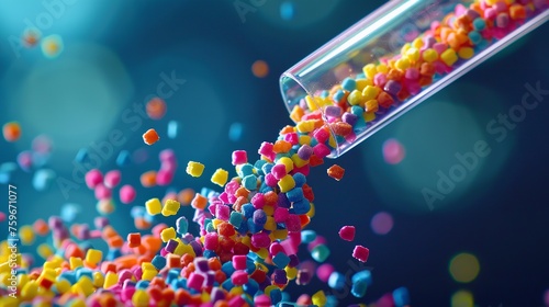 A colorful stream of multicolored plastic beads gushing out of a glass jar against a blurry vibrant bluish backdrop with space, Generative AI. photo