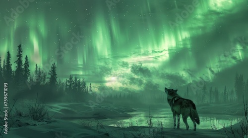 The northern lights illuminate a vast, snowy tundra in shades of green