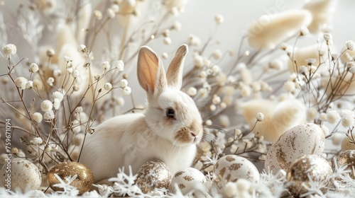 Easter decoration with rabbit and eggs and copy space.
