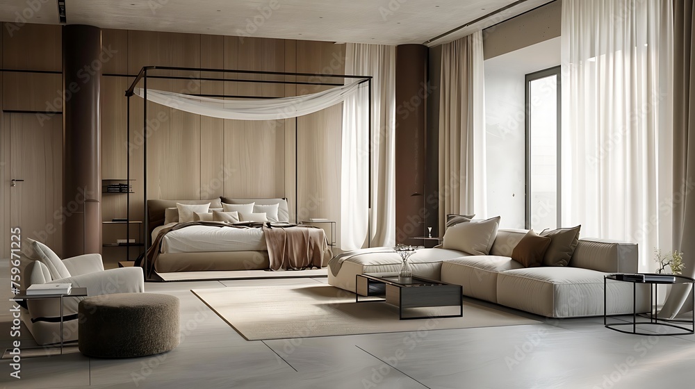 Modern style large bedroom with a canopy bed and a seating area with a modular sofa and a coffee table