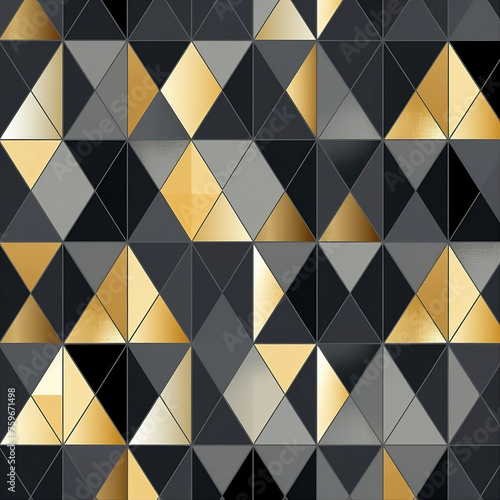 A modern pattern with metallic gold and gray triangles. The background is dark gray to highlight the color of each triangle in the foreground. It is an elegant geometric pattern., 1:1.