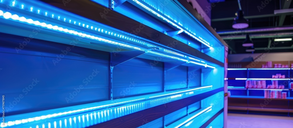 Blue shelving with illuminated lights.