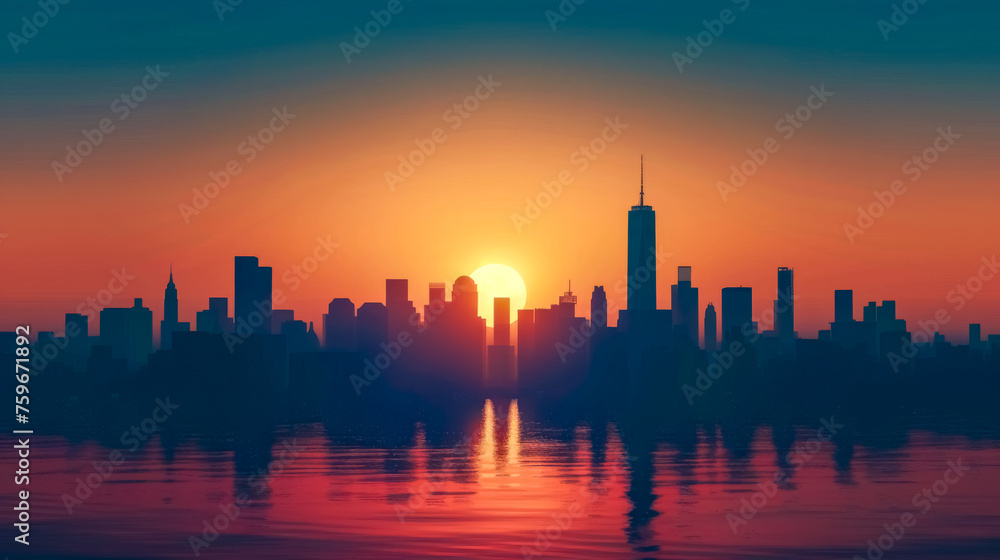 City skyline silhouetted against a vibrant sunrise, with reflections on the water