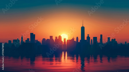 City skyline silhouetted against a vibrant sunrise  with reflections on the water