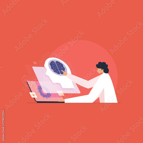 AI Artificial Intelligence and ML Machine Learning, women touching the brain working with AI automation